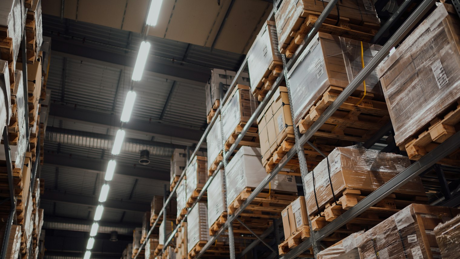 Brown shipping cartons in a racking warehouse